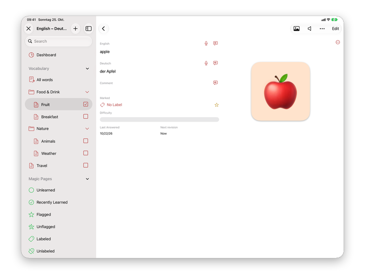 iVocabulary on iPad: lessons grouped in chapters in the sidebar and the word “apple” open with its translation and picture.