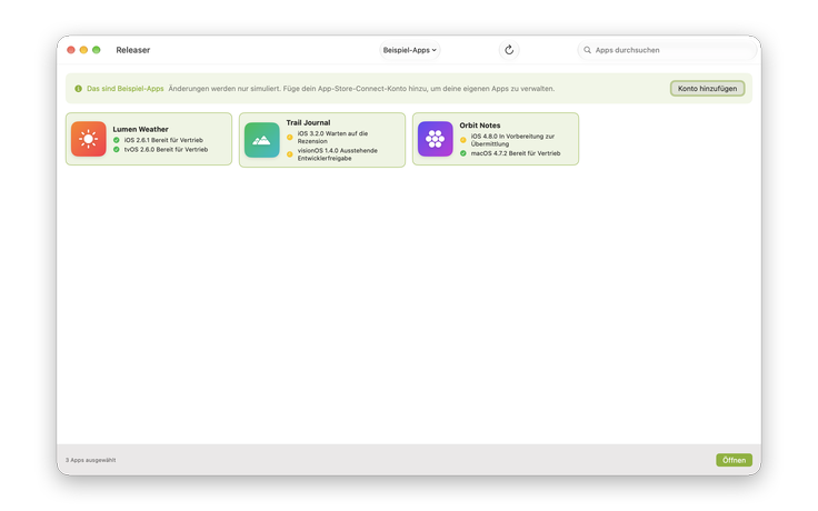 Die Startansicht von Releaser mit drei Beispiel-Apps und dem Status ihrer iOS-, macOS-, tvOS- und visionOS-Versionen.