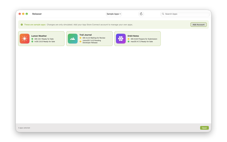 Releaser’s launcher with three sample apps and the status of their iOS, macOS, tvOS, and visionOS versions.
