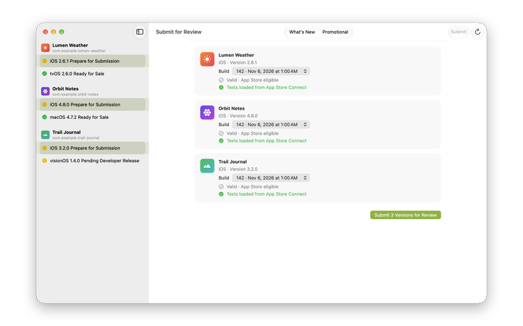 Releaser’s submit view with three versions, each matched to its newest eligible build and ready to submit.