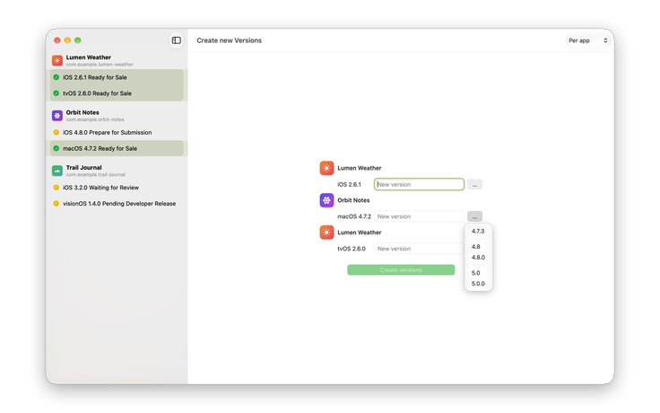 Releaser’s new-version screen with the suggestion menu open, offering 4.7.3, 4.8, and 5.0.